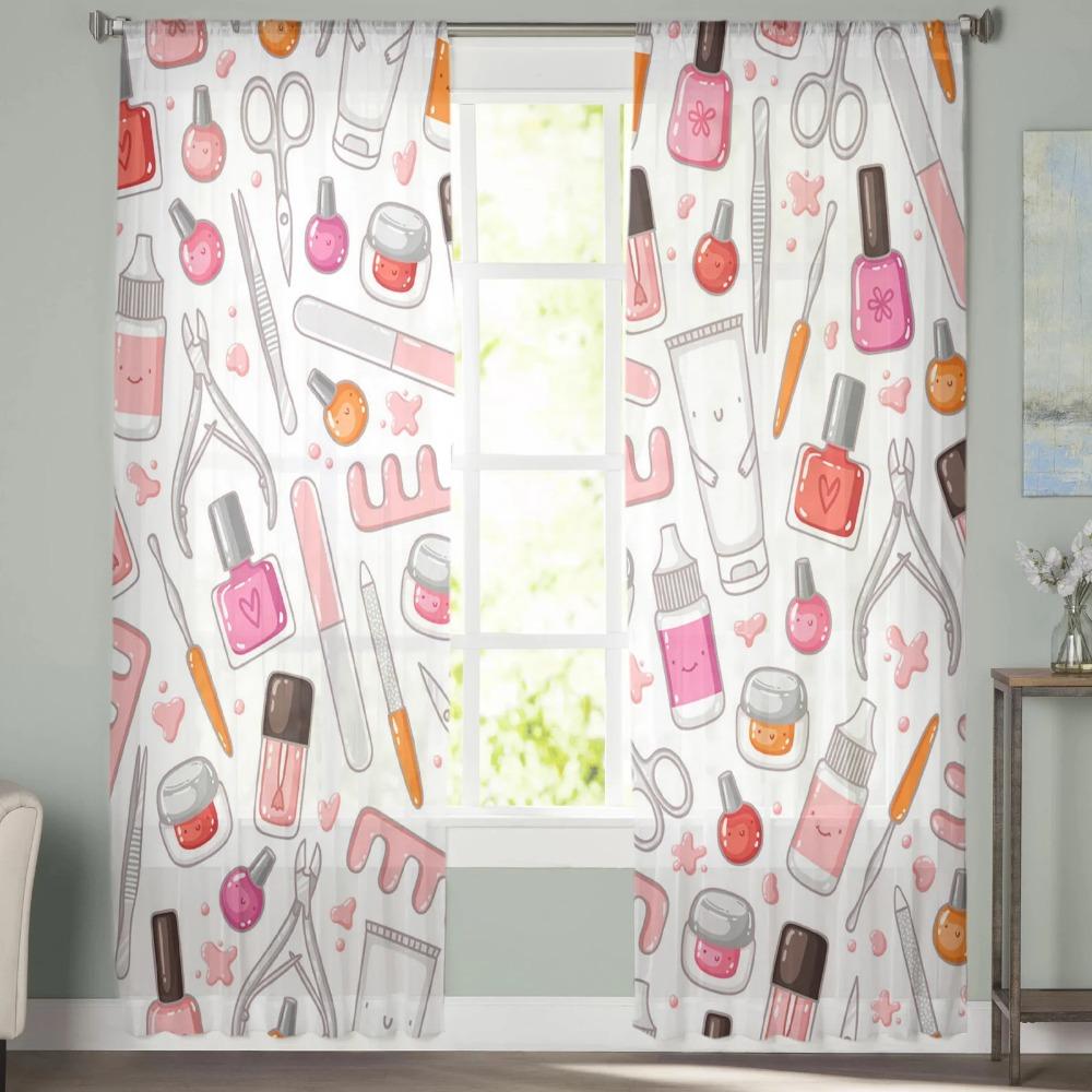 Woman Cosmetics Nail Polish Tulle Curtains for Living Room Decoration Modern Chiffon Sheer Voile Kitchen Bedroom Window Curtain