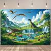Vibrant Jurassic Dinosaur Jungle Backdrop Waterfall and Mountain Scene Background Cloth for Party Decoration