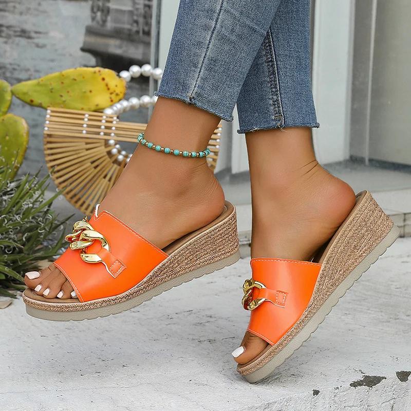 Fashion Fashion Chain Decor Wedge Heel Slippers for Women 2025 Summer Comfort Non Slip Beach Sandals Woman PU Leather Platform Slippers