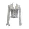 Women's Sexy V-neck Lace Shirt with Lace-up Bowknot and Hollow Long Sleeves