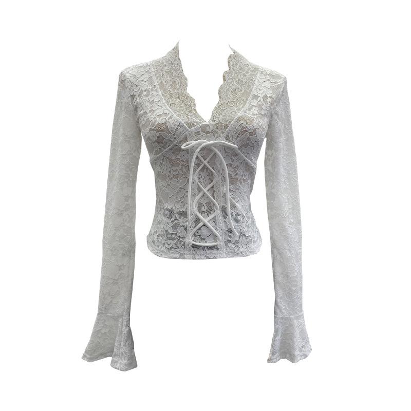 Women's Sexy V-neck Lace Shirt with Lace-up Bowknot and Hollow Long Sleeves