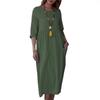 Elegant Women's Mid-Length Solid Color Dress with 3/4 Sleeves and Round Neck