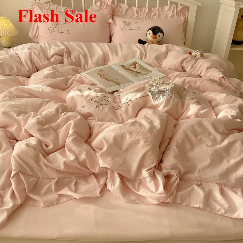 new lace embroidery small fresh and cute girl heart bed four-piece set washed cotton summer sheet quilt cover bed hat