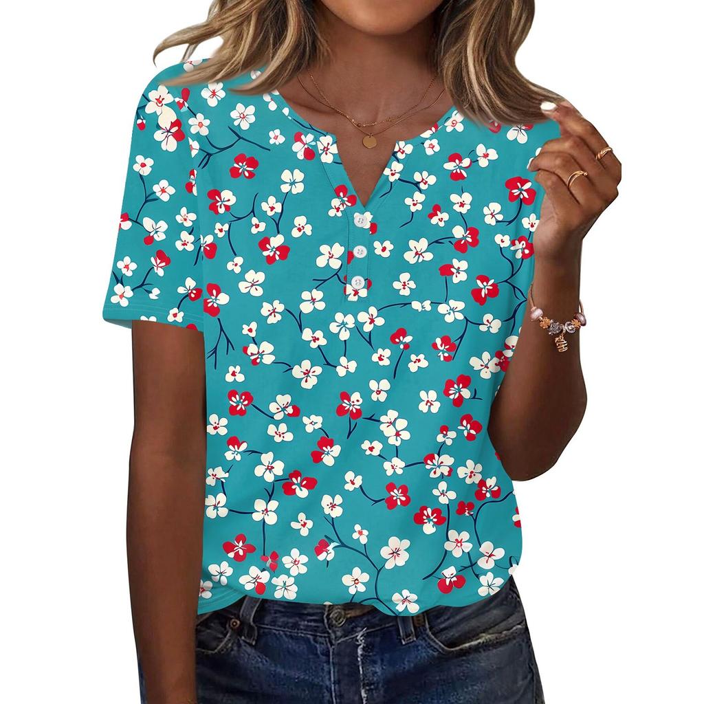 Damen T-Shirt mit Aufdruck und Knopfleiste, kurzärmelig, für den Alltag, Wochenendmode, Basic, V-Ausschnitt, normales Oberteil