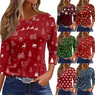 Damen T-Shirt mit Weihnachtsdruck, 3/4-Ärmel, für den Alltag, Wochenendmode, Basic, Rundhalsausschnitt, normales Oberteil