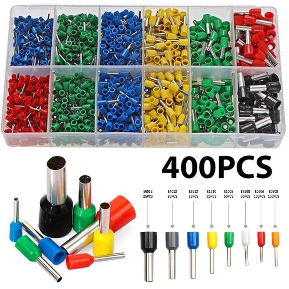 400Pcs Insulated Wire Connectors Set Crimp Terminal Caps Cold Press Electrical E0508 7508 1008 1510 2512 4012 for Safe Splicing