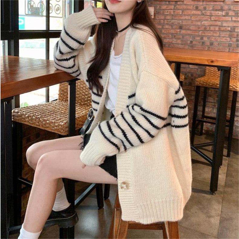 Women's Slimming Knit V-Neck Striped Cardigan - Japanese & Korean Design, Casual & Loose, Autumn/Winter Fashion.