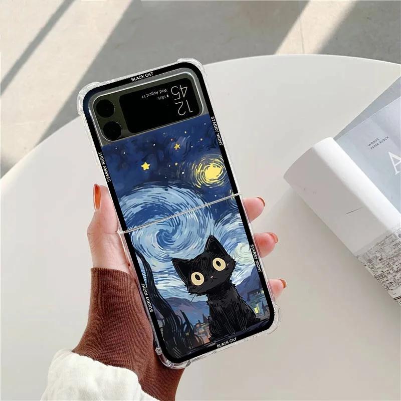 Artistic Black Cat Starry Night Phone Case For Samsung Galaxy Z Flip 6 5 4 3 5G Shockproof Cover For Samsung ZFlip3 Flip4 ZFlip5