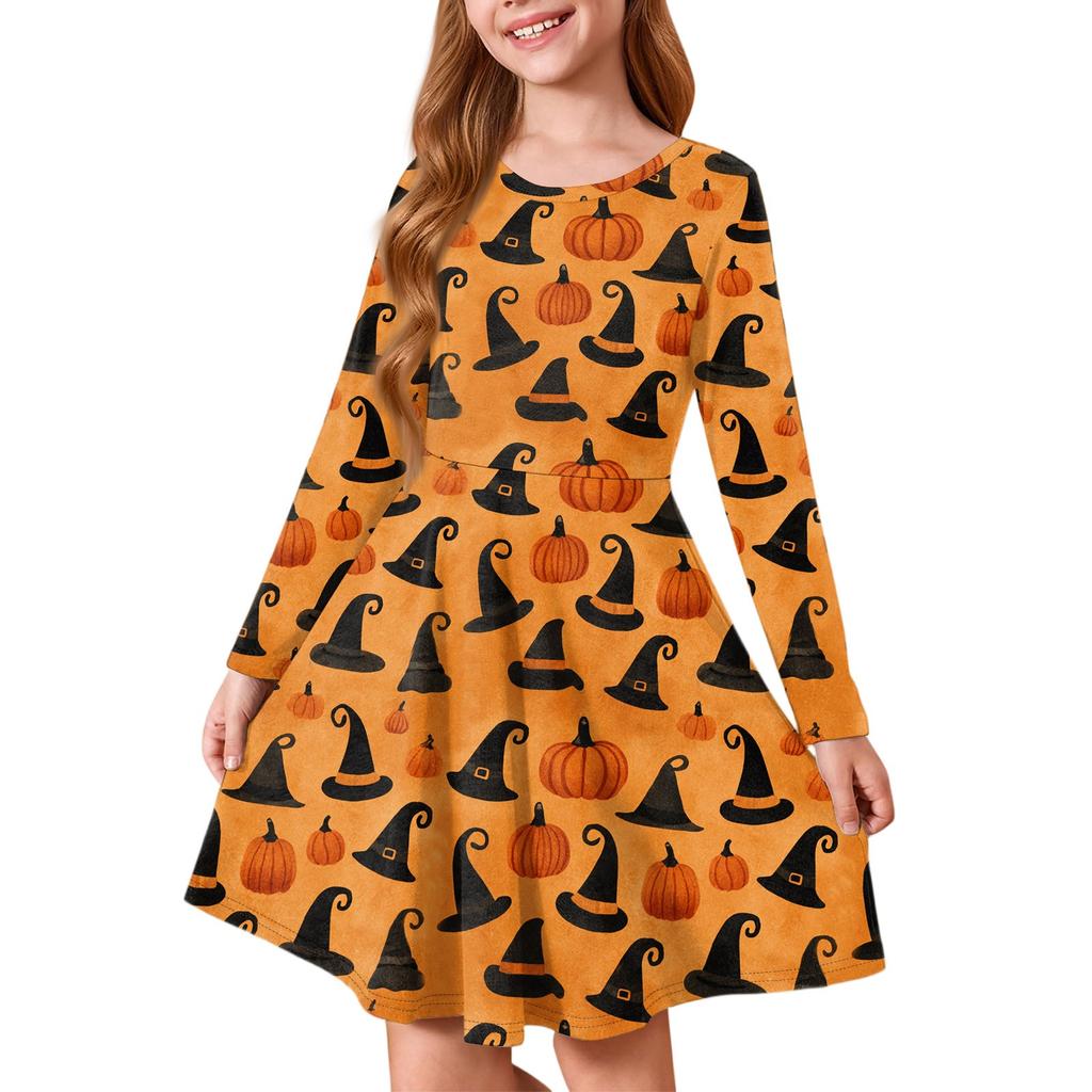 Girls' Summer Princess Dress Halloween Day- Long Sleeve A-Line T-Shirt Dress