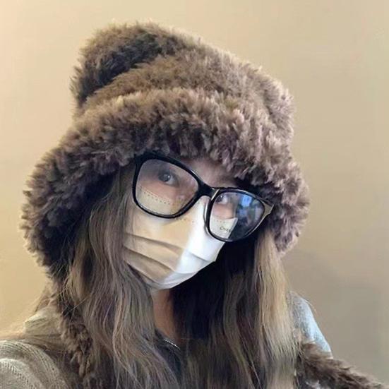 Women Hat Bear Shape Solid Color Winter Knitted Hat with Lace-up Cold Weather Thick Warm Plush Headwear