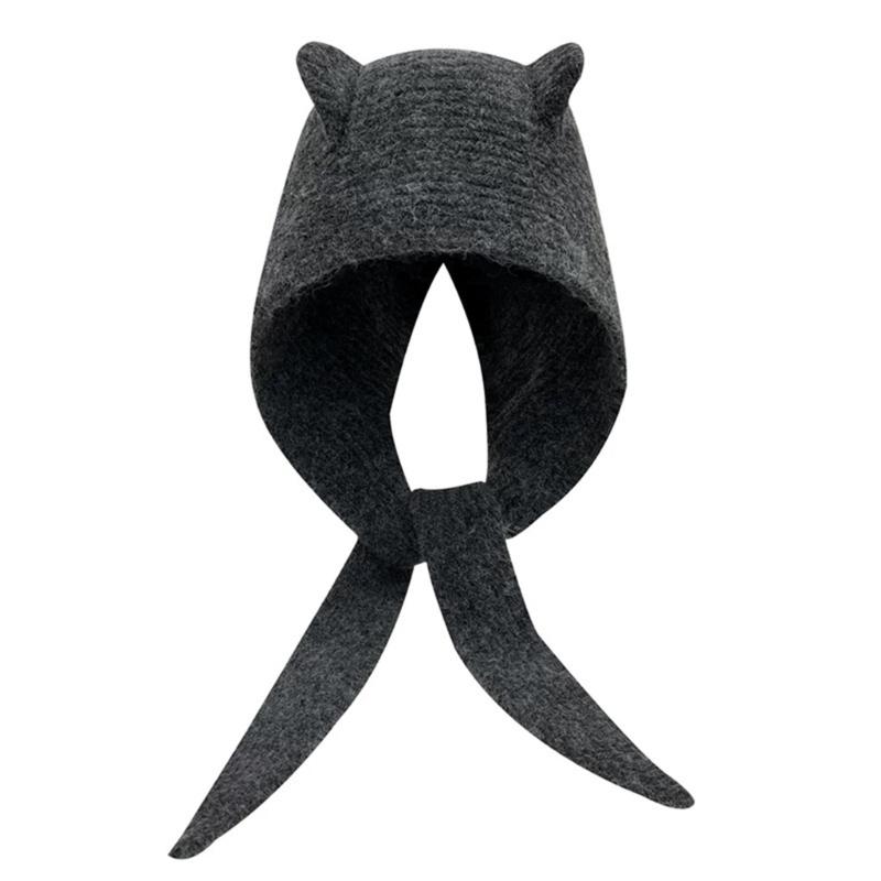 Lovely Devil Ear Knit Hat With Neck Wrap Breathable Pullover Hat For Women Daily Outfit and Outdoor Cycling Walking
