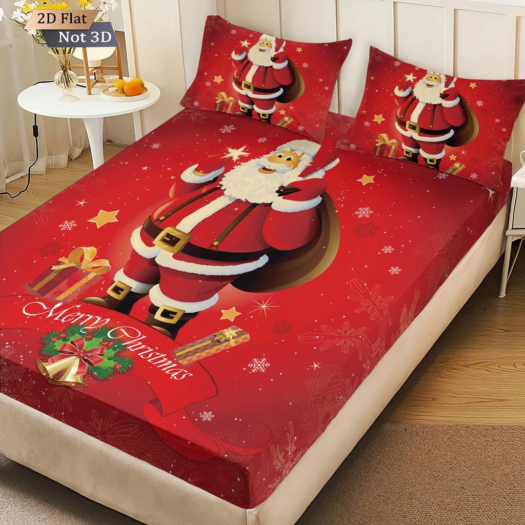3Pcs Santa Claus Red Printed Coreless Bed Sheet Set, Multi Size Soft Bed Cover, Bedroom Bedding Decoration, Machine Washable