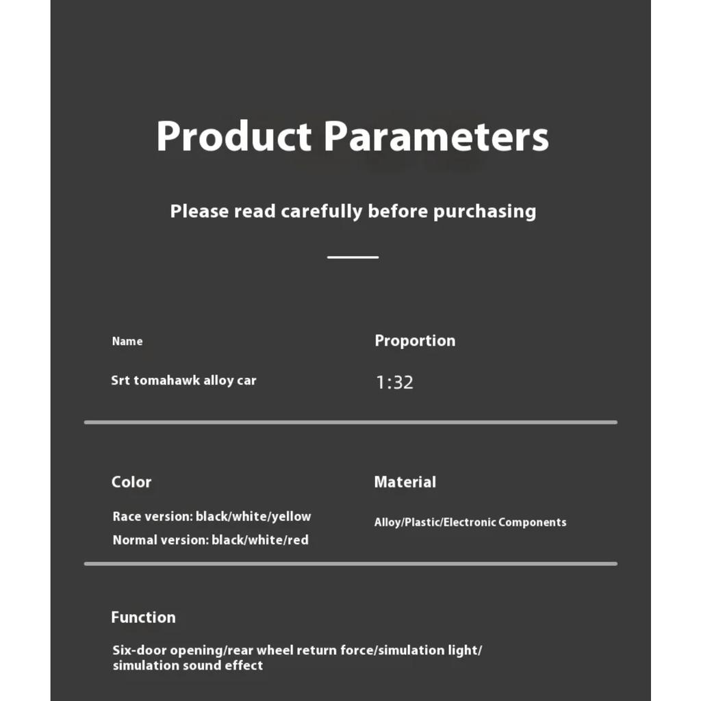 1/32 Metal Die Cast Dodge SRT Tomahawk Track Edition Car Model Simulation Sound Light Children's Toy Ornaments Halloween Gift