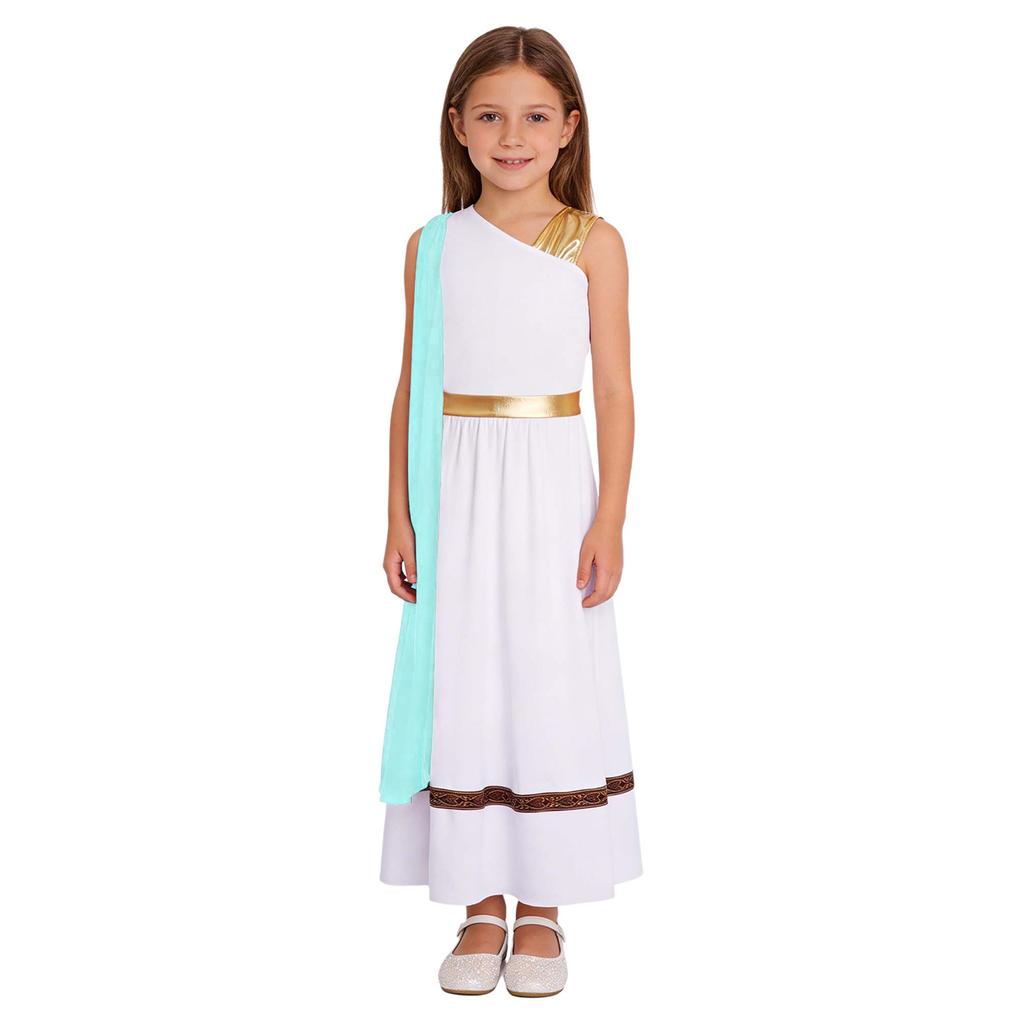 Vestido sem mangas de retalhos metálicos para meninas Fantasia de Deus Grego Romano Manto Xale Roupa de Palco