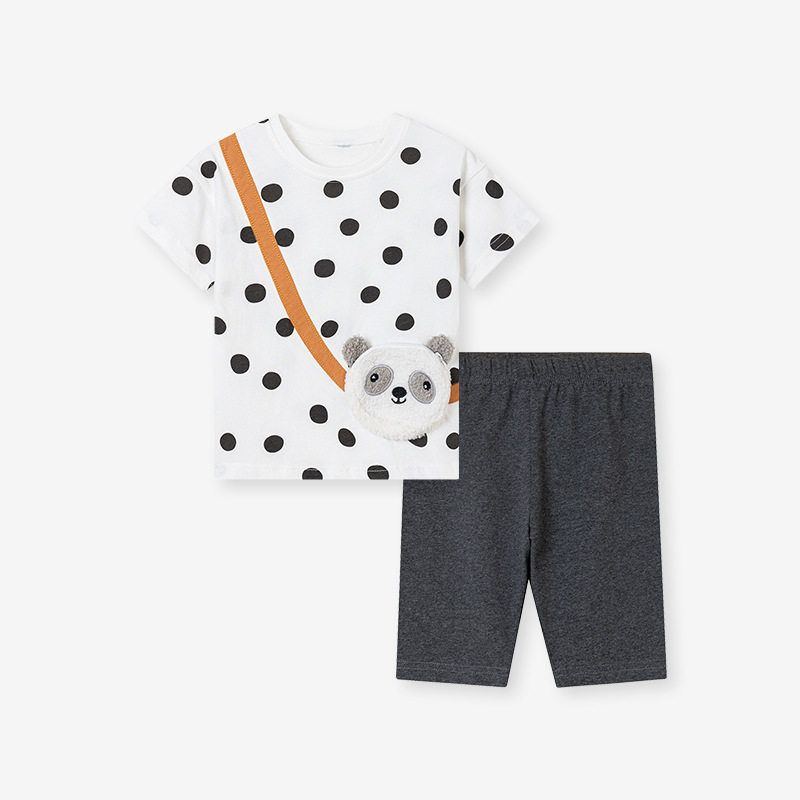 Little Maven European and American Cute Girl Suit Summer Short Sleeve Affixed Cloth Embroidered Children s Clothing Panda Girl Suit 2005 6Y (130cm)