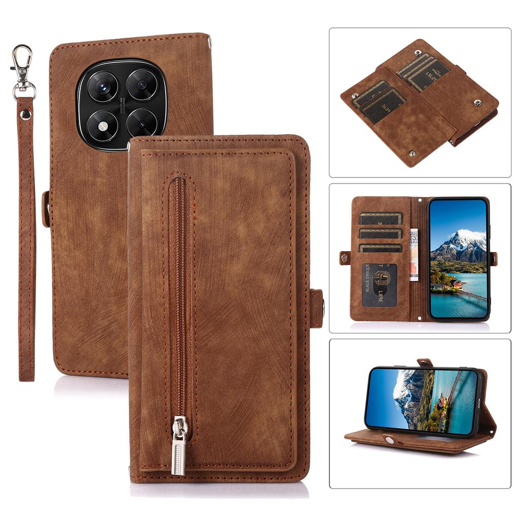 Pouzdro na telefon pro Xiaomi Redmi Note 14 Pro 5G/Note 14 Pro+ 5G/Poco X7 5G, Kapsa na zip 9 přihrádek na karty PU kožený kryt s poutkem na zápěstí