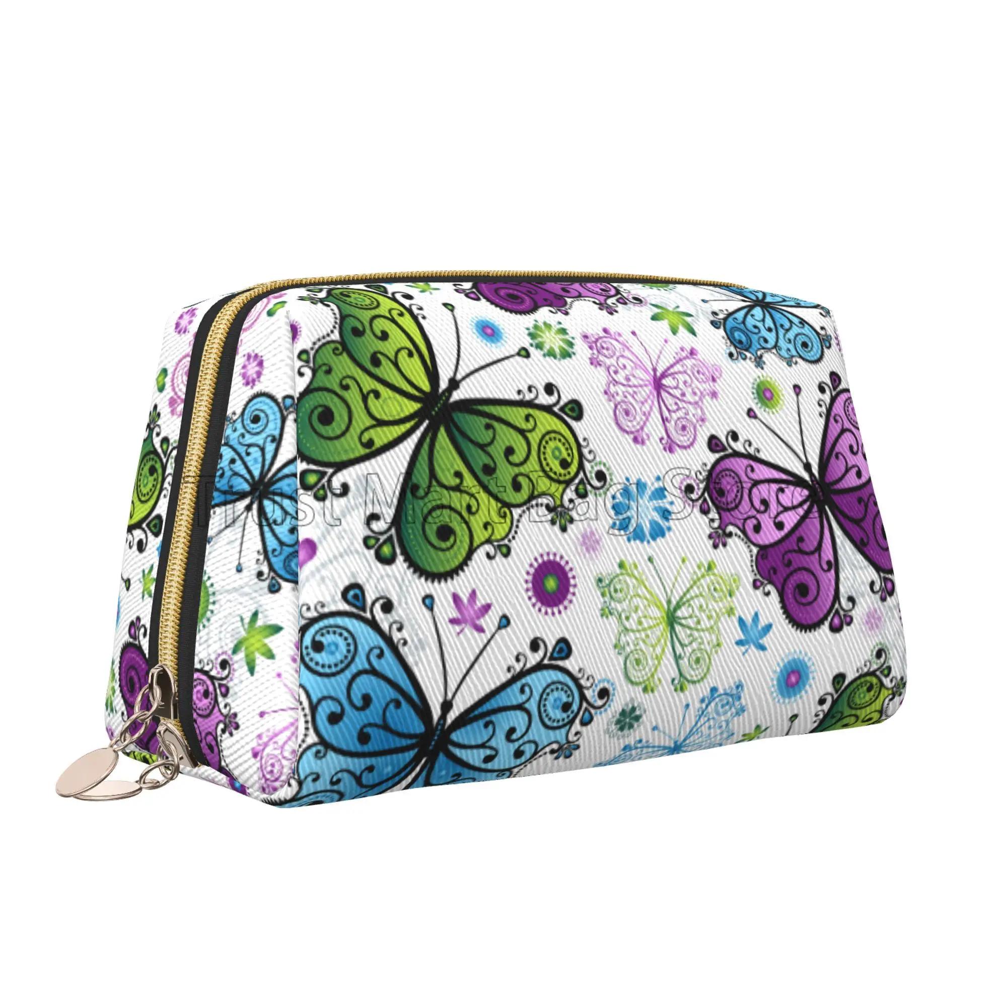 

White Floral with Colorful Butterflies Print Leather Makeup Bag Large Capacity Travel Storage Pouch Cosmetic Bag for Women