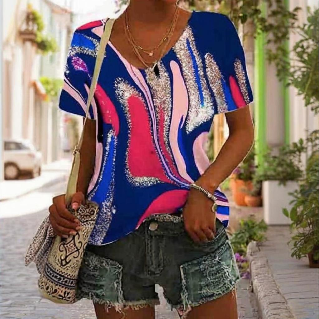 Women's T-shirt Summer Outdoor Casual V-neck Short Sleeve Tops Classic Printed Patterns Large OverSize Loose Women's Clothing