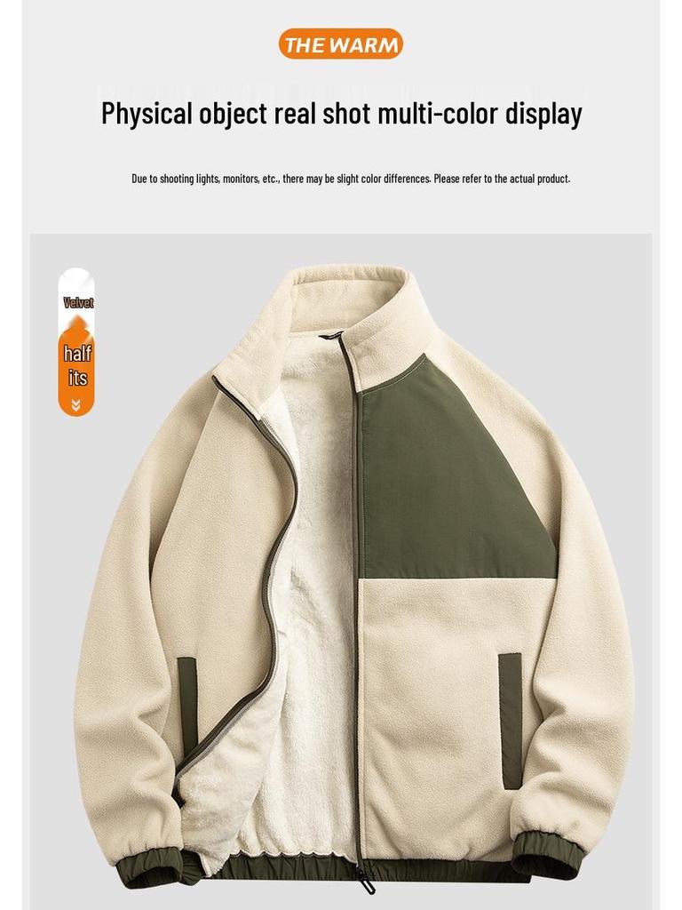 Chaqueta para hombre de forro polar grueso con bloques de color y cuello alto, top casual deportivo para otoño/invierno