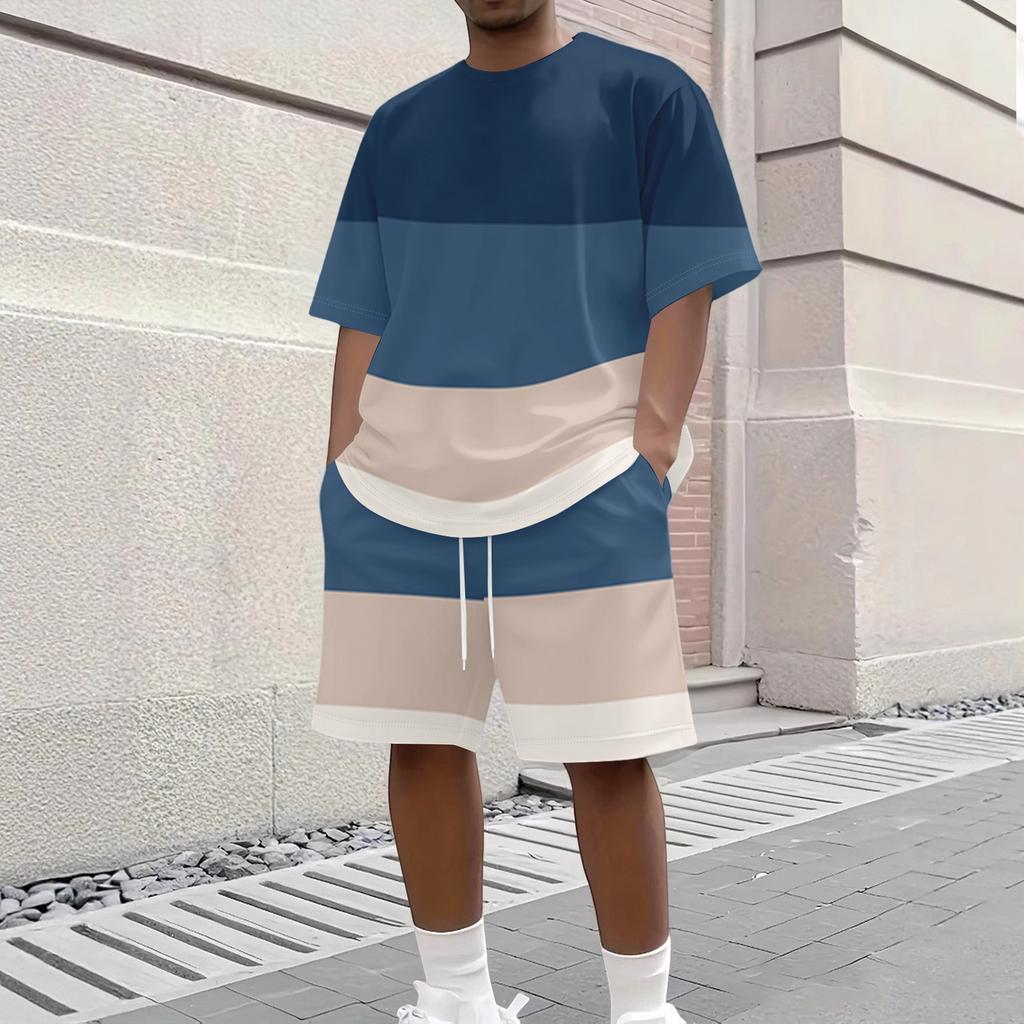 Men's Casual Short Sleeve Crew Neck T-Shirt and Shorts Set Striped Pattern Lightweight Breathable Summer Outfit for Daily Wear