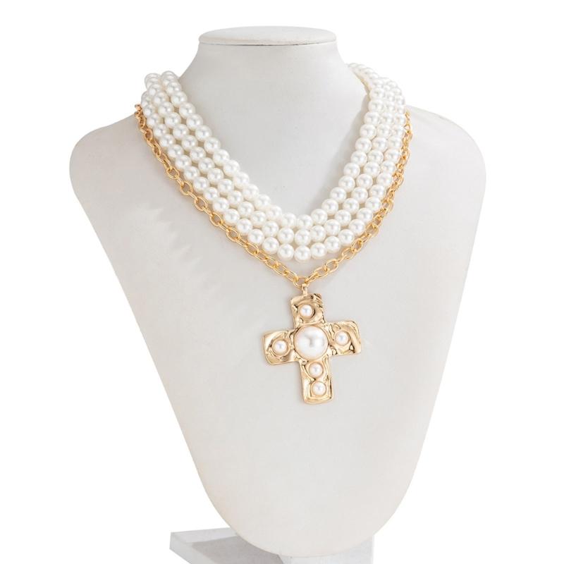 Pearls Crosses Necklace for Women Elegant Gold Layer Choker with Statement Pendant and Buckles Chain Adjustable