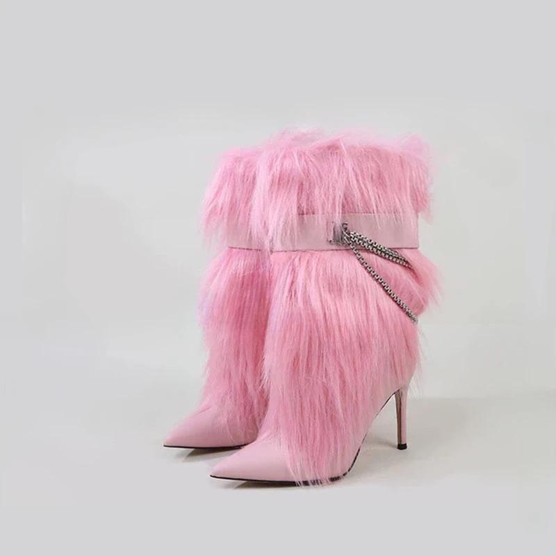 Fashion New High-heeled Pointed Niche Design Chain Hairy Boots European American Fashion Black Red Spicy Girl Sexy Women's Boots Size 43