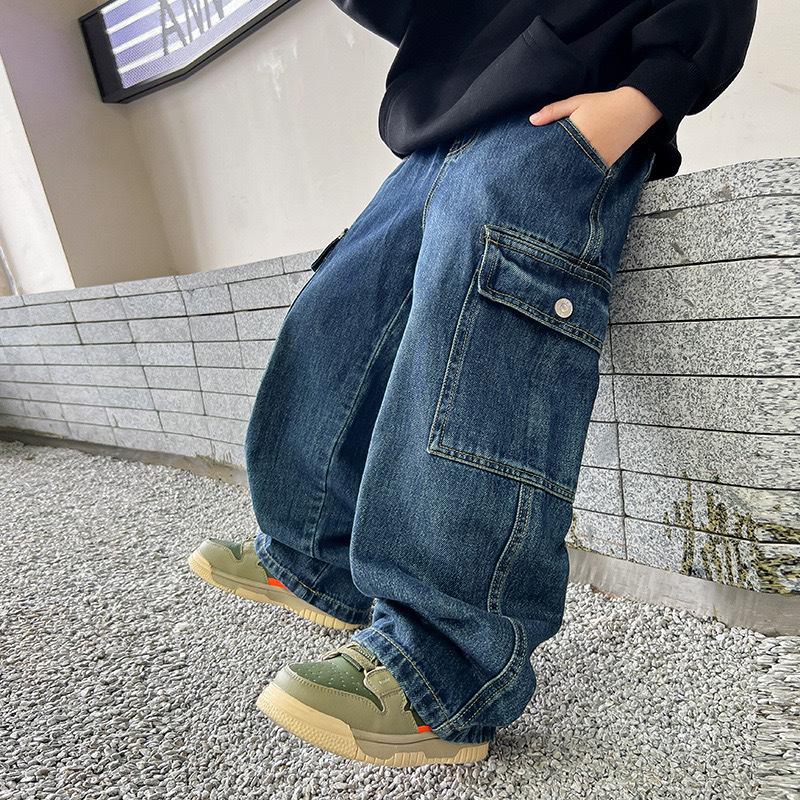 2026 New Spring Boys Jeans Kids Straight Cargo Pants Loose Wide Leg Pants Fashion Children Trousers 120cm синий