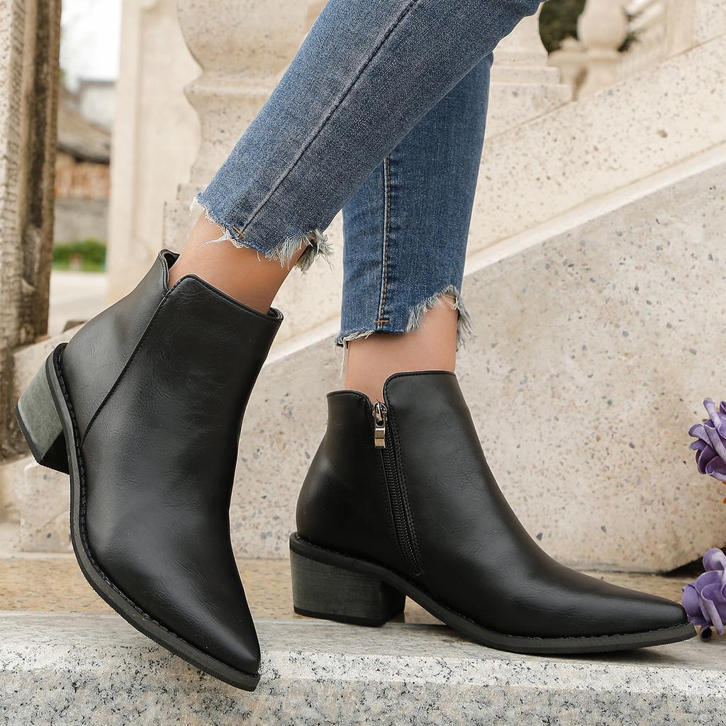 Winter Sexy Zipper Square Heel Casual Short Boots Fashionable New Comfortable Women'S Non Slip And Wear-Resistant Walking Boots