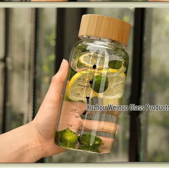 High-Capacity Glass Tea Cup with Bamboo Lid and Time Markings, Portable Borosilicate Glass for Tea and Water Separation