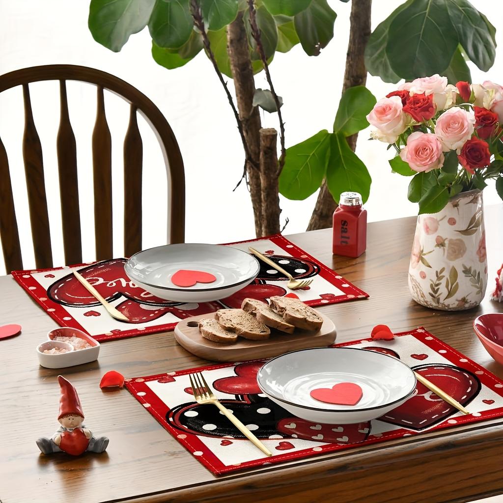 [Romantic Heart Placemats] 4/6/8pcs Heart-Shaped Red & Polka Dot Placemats | Machine-Washable Polyester, Rectangular Table Mats for Valentine's Day