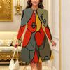 Women Long Sleeve Round Neck Midi Dress Abstract Watercolor Plum Blossom Stripe Dot Branch Print Flared Dress