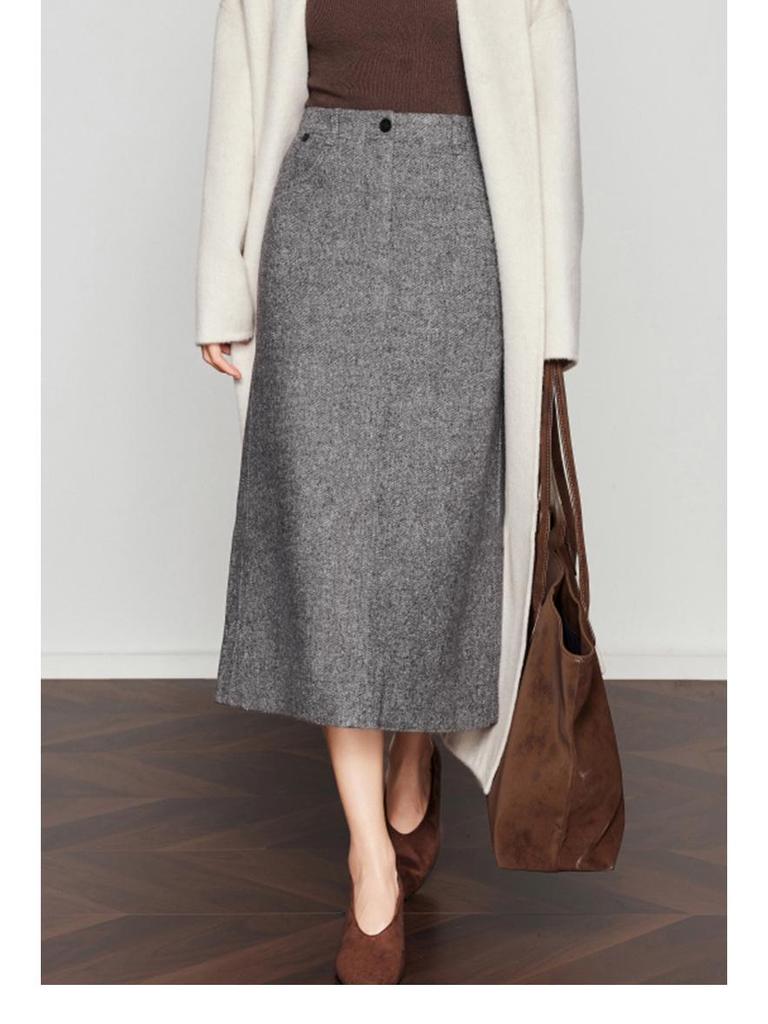 Woolen Half-Skirt: Women's 2025 Winter Brown-Gray Casual Slit Midi Skirt