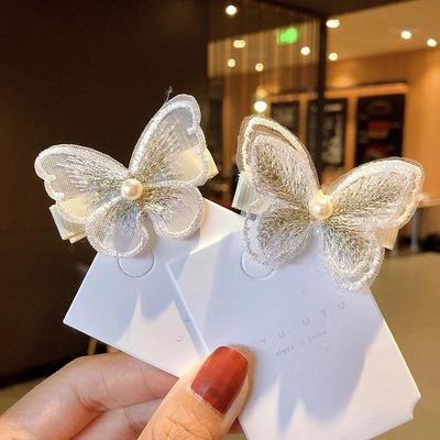 Pinza para el pelo de mariposa 3D bordada Super Inmortal Estilo Antiguo Pinza para el pelo de malla con perlas Clip para flequillo Accesorio decorativo para el cabello de niña