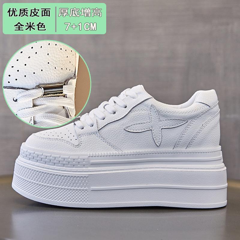 

Leather thick-soled little white shoes for women s autumn new models increase 8CM lace-up fashion solid color casual breathable little white shoes 34