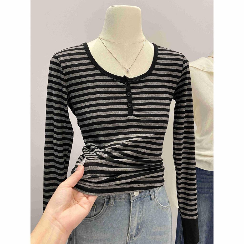 Women's European Stripe U-Neck Long-Sleeve Base Layer Shirt, Straight Shoulder Design, Spring Wear