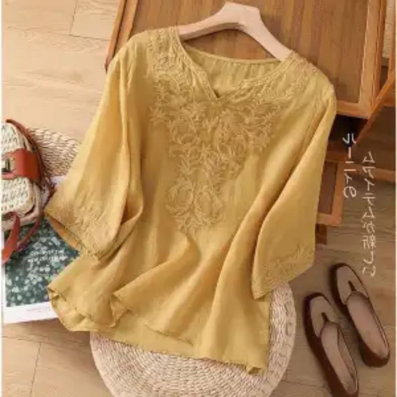 

Однотонна бавовняно-лляна жіноча літня блузка з рукавом до середини ліктя, V-подібним вирізом, вишивкою, модна, повсякденна, універсальна, тонка 3XL