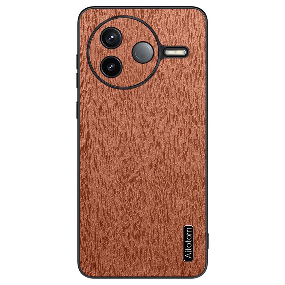 

For Xiaomi Poco F7 Pro 5G/Redmi K80 5G Case Wood Texture PU Leather Coated PC TPU Phone Cover Brown
