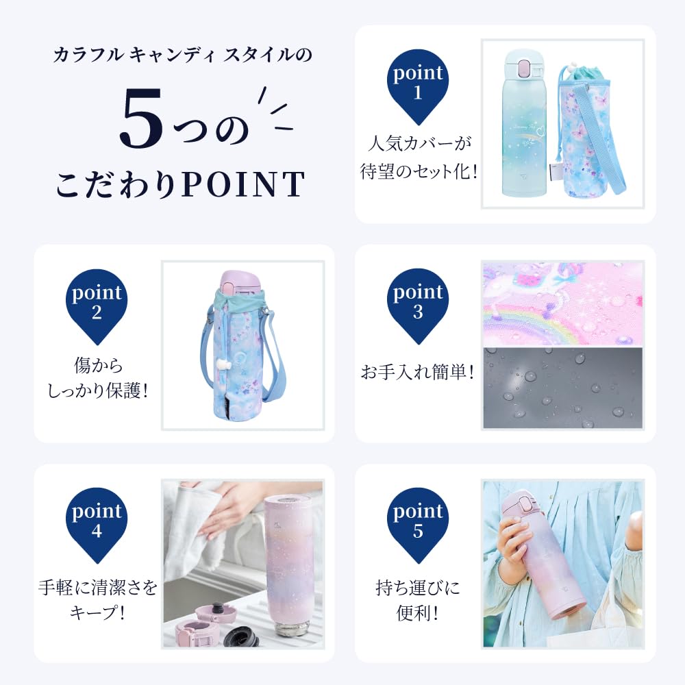 COLORFUL CANDY STYLE Stainless Steel Mug and Cover Set (480ml) with a Future Planetary Exploration and Spaceship Design & AA Blue. ZOJIRUSHI Seamless