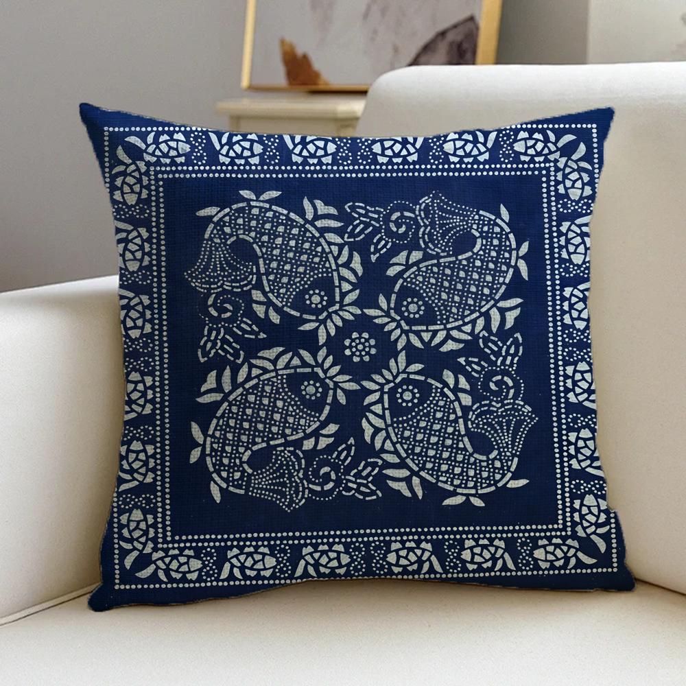 B-Blue Calico Cushion Cover Cushion Cover Pillowcase, Anti-Mite Invisible Zipper, Linen Sofa Cushion