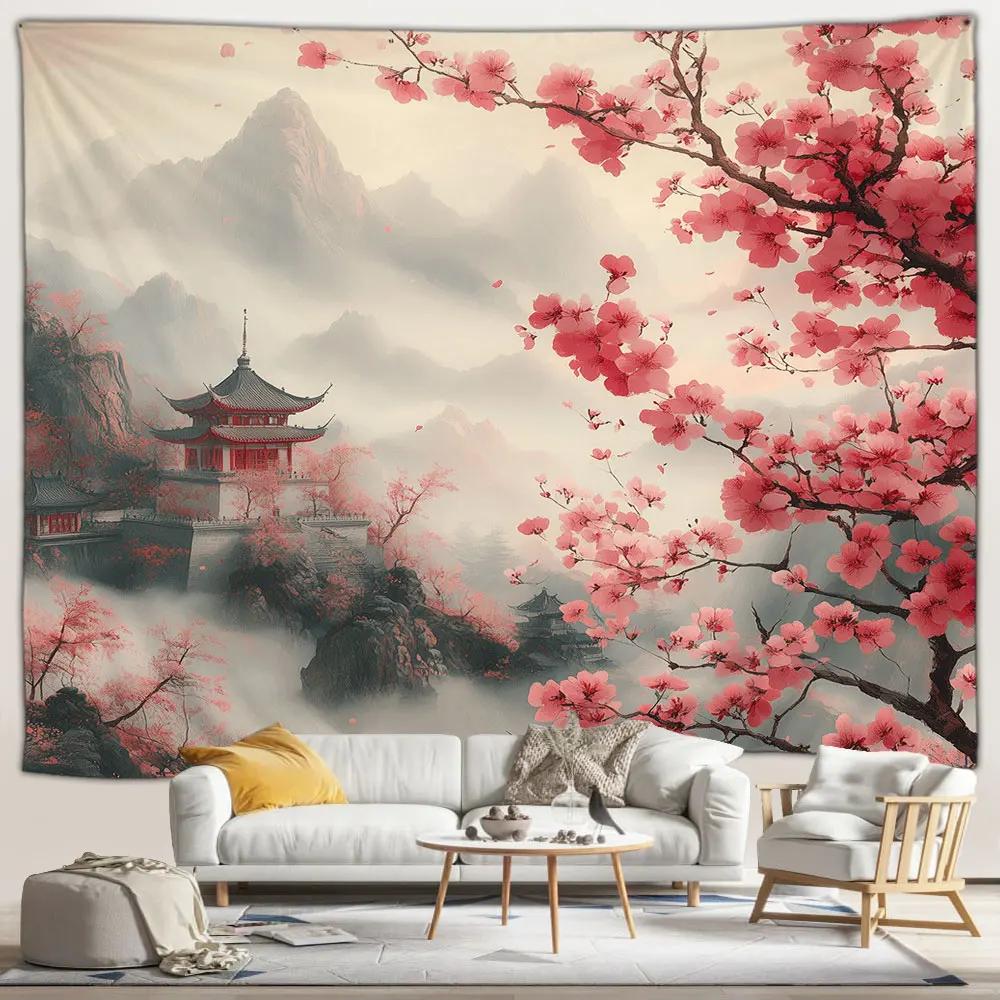 Japanese Scenery Tapestry Pink Cherry Blossom Flowers Misty Landscape Chinese Architecture Living Room Bedroom Decor Wall Hangin
