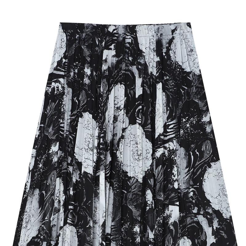Gonna Lunga A-line Pieghettata Floreale Stile Retro Francese Lavaggio ad Inchiostro