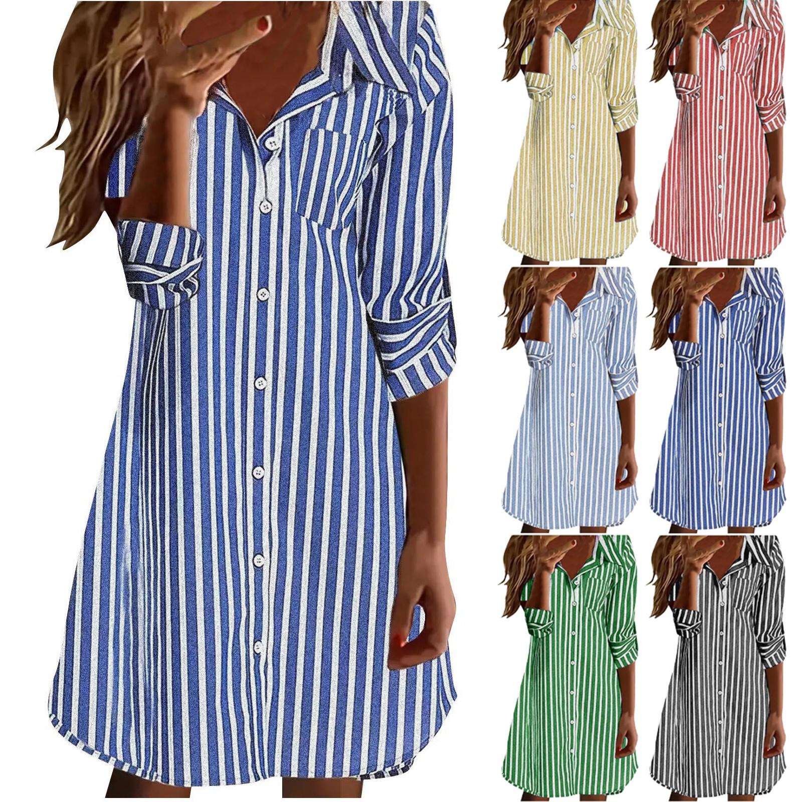

Ladies Fashionable Striped Lapel Casual Long Sleeved Loose And Comfortable Button Up Dress XXL червоний