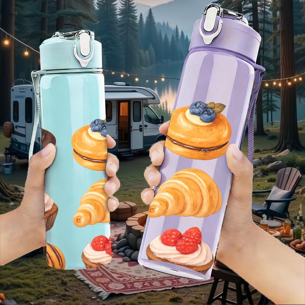 1PC Assorted Pastry Dessert Art 750ml Color Plastic Sports Water Bottle Leakproof Flip Straw Lid Suitable for Sports Office Home Use