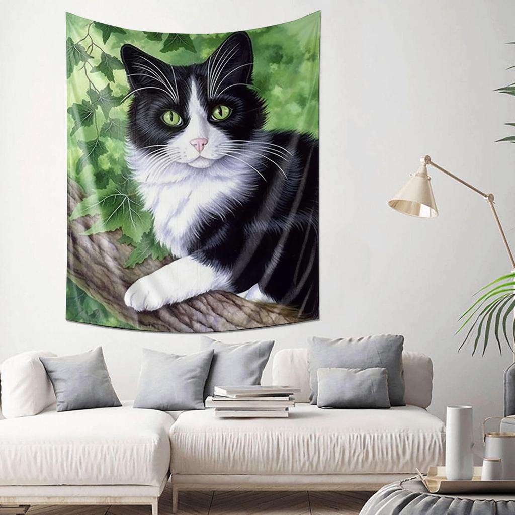 Elegant CowPatterned Cat Tapestry Black  White  Green Leaf Background Ideal Home Decor