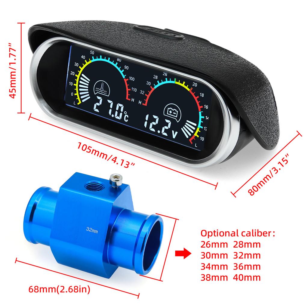 2 IN 1 LCD Meter Water Temperature Gauge+Volts with Sensor Radiator Temp Joint Pipe Sensor 26-40mm Hose Adapter for Car 12V24V