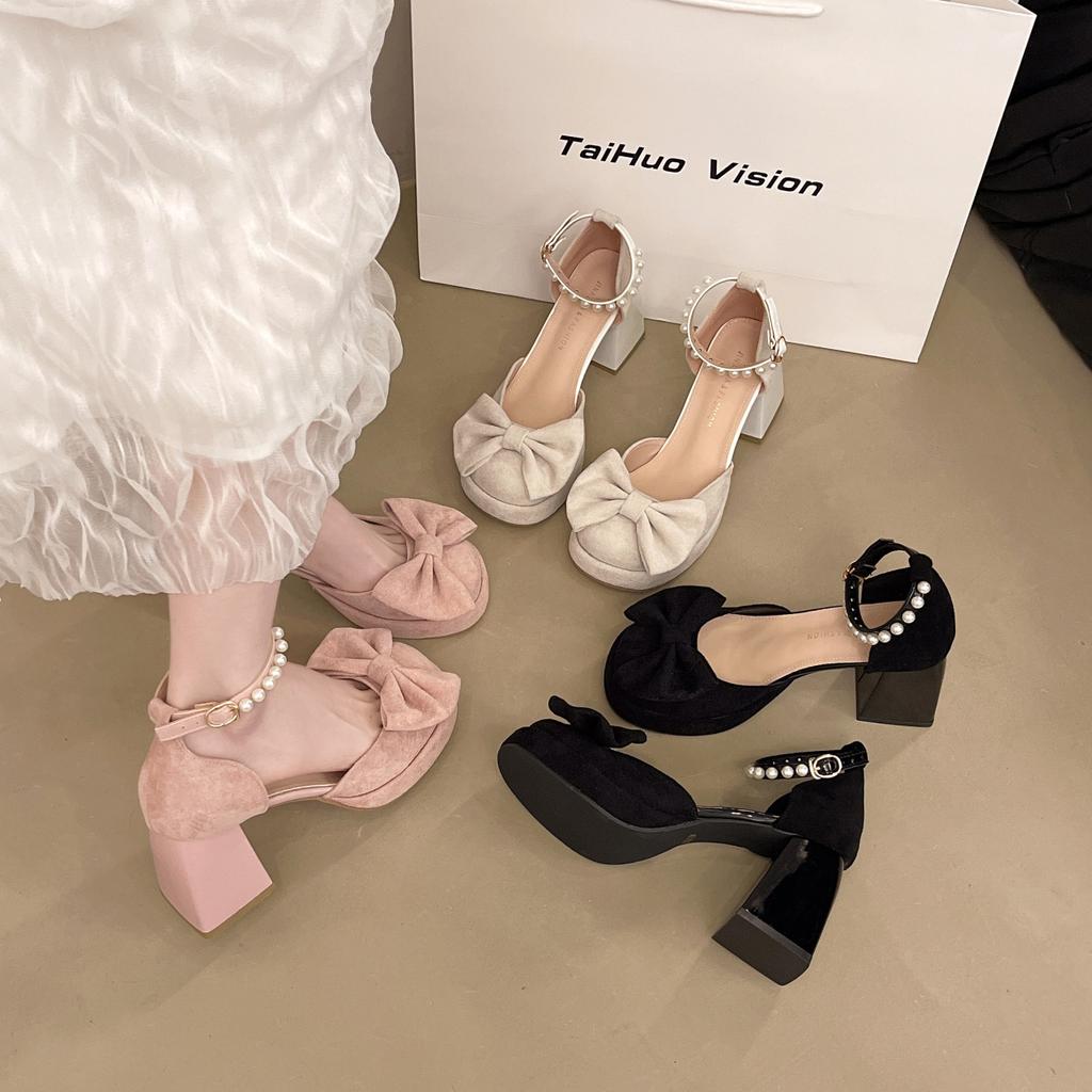 Mary Jane shoes women's spring and autumn new retro fashion bow beautiful with skirt high heel small leather shoes