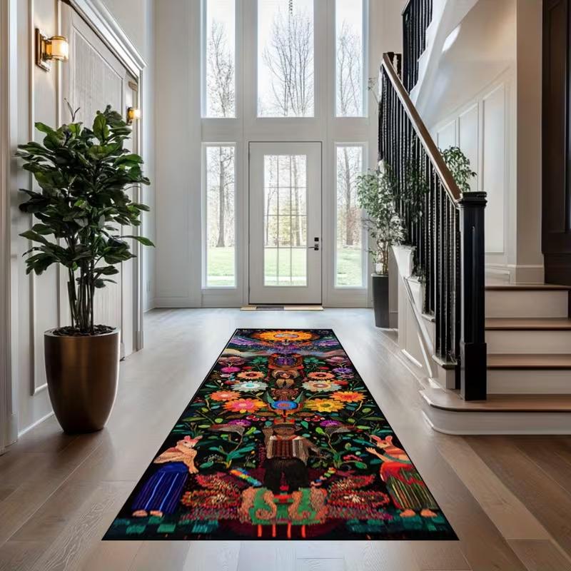 Dream Bird Totem Art Carpet, Multicolor Floral Whirl with Mask Figure Rug, Plush Floor Mat for Eclectic Corridor Decoration