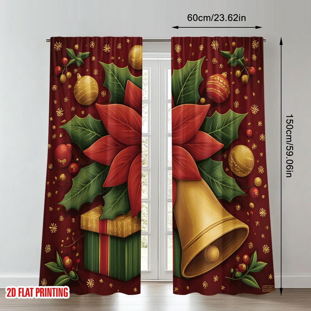 2pcs 2D flat printing Christmas Party Curtains Christmas Poinsettia Holly Ornaments Digital Printed Polyester Drapes Festive
