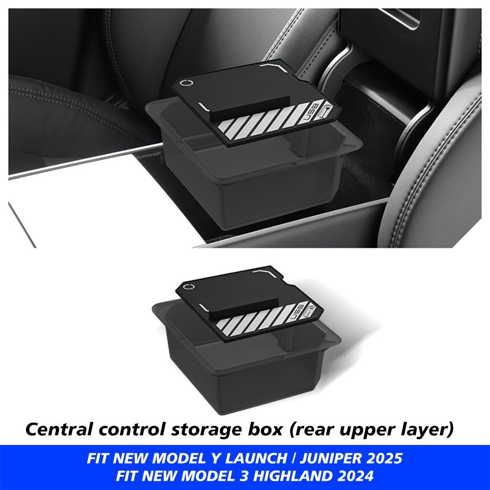 Console & Armrest Storage Box For Tesla New Model Y 2025 Juniper Launch ABS with Silicone Non-slip Mat Upper and Lower Watercup