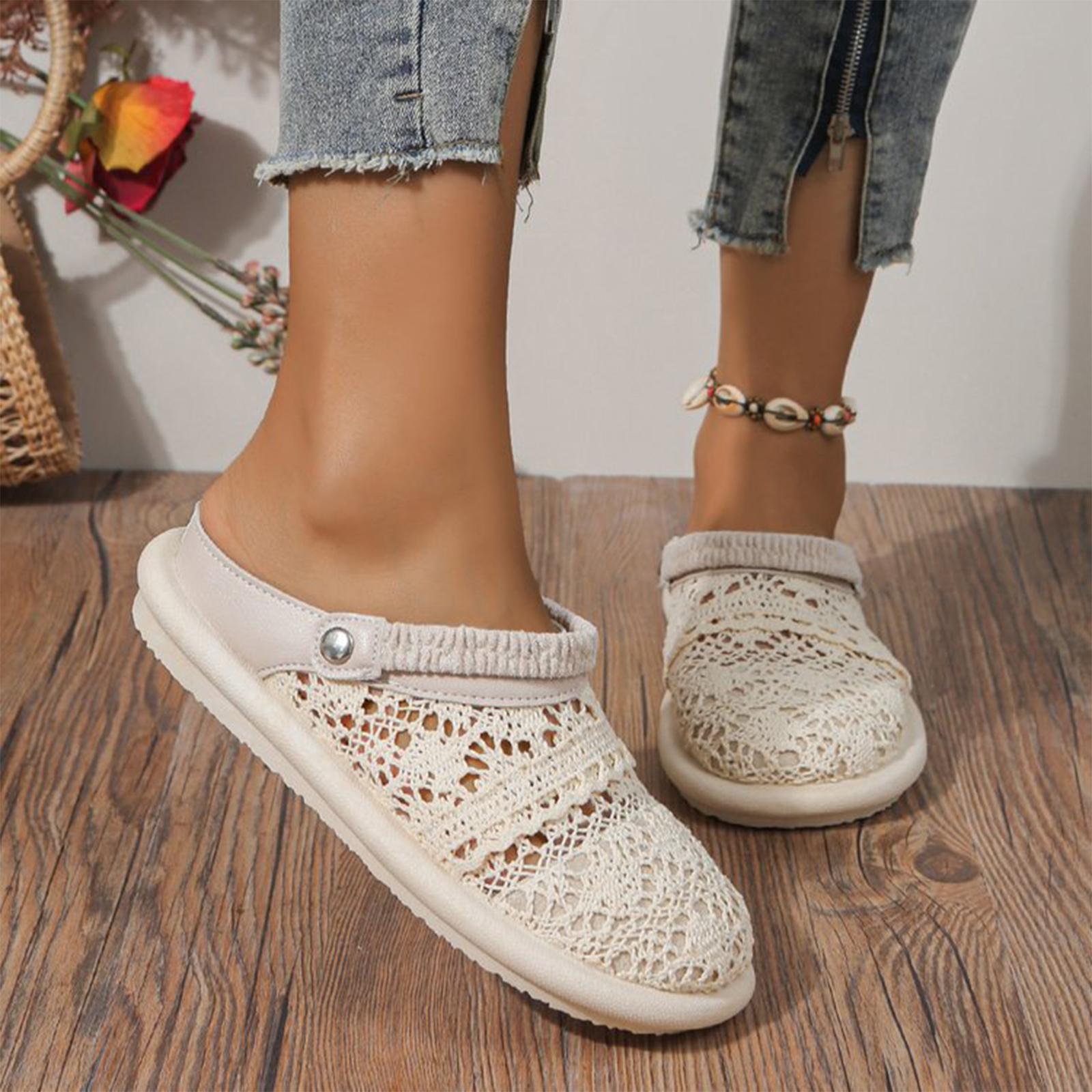Women’s Summer Lace Hollow Slip On Flat Shoes Japanese Style Two Way Breathable Closed Toe Casual Sandals for Everyday Wear 36 бежевый